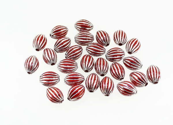 OPAQUE SILVER WASHED PLASTIC BEADS - ELLIPSE STRIPE - 11x7.5mm RED - PACKAGE 500g Hole-2.0mm (1450pcs.)