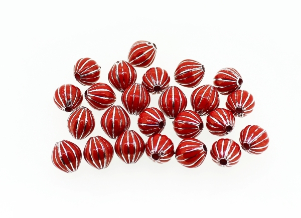 OPAQUE SILVER WASHED PLASTIC BEADS - ELLIPSE STRIPE 02 - 12x11mm RED - PACKAGE 500g Hole-2.5mm (650pcs.)