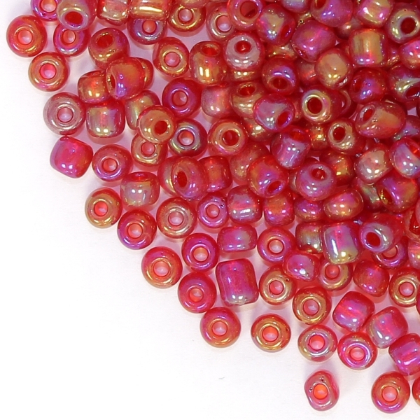 GLASS SEED BEADS - BALL 4mm - TRANSPARENT RAINBOW - RED 165B - 50g Hole-1.5mm