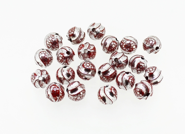 OPAQUE SILVER WASHED PLASTIC BEADS - BALL STRIPES - 9mm RED - PACKAGE 500g Hole-2.0mm (950pcs.)