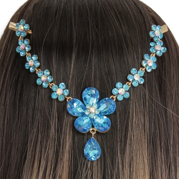 JEWELRY - HEADPIECE WITH CROCODILE DUCKBILL HAIR CLIP UK011 - GOLD WITH BLUE - 1pc.