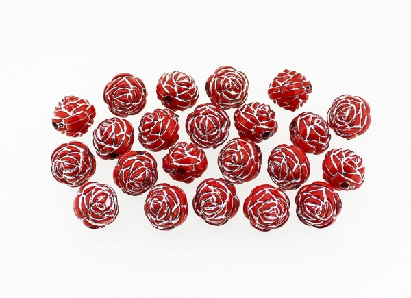 OPAQUE SILVER WASHED PLASTIC BEADS - BALL ROSE - 11mm RED - 50g Hole-2.2mm (85pcs.)