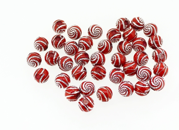 OPAQUE SILVER WASHED PLASTIC BEADS - BALL SPIRAL - 8mm RED - PACKAGE 500g Hole-2.8mm (1950pcs.)