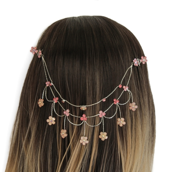 JEWELRY - HEADPIECE WITH CLAW HAIR CLIP UK001 - SILVER WITH PINK (DARK)-PEACH - PACKAGE 3pcs.