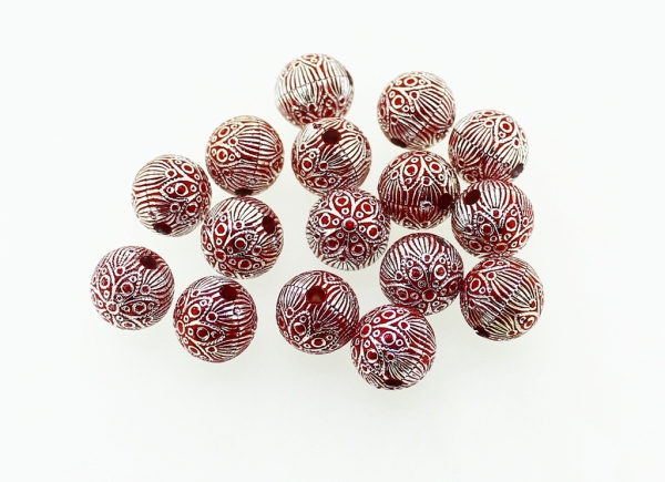 OPAQUE SILVER WASHED PLASTIC BEADS - BALL FLOWER - 12mm RED - PACKAGE 500g Hole-2.5mm (550pcs.)