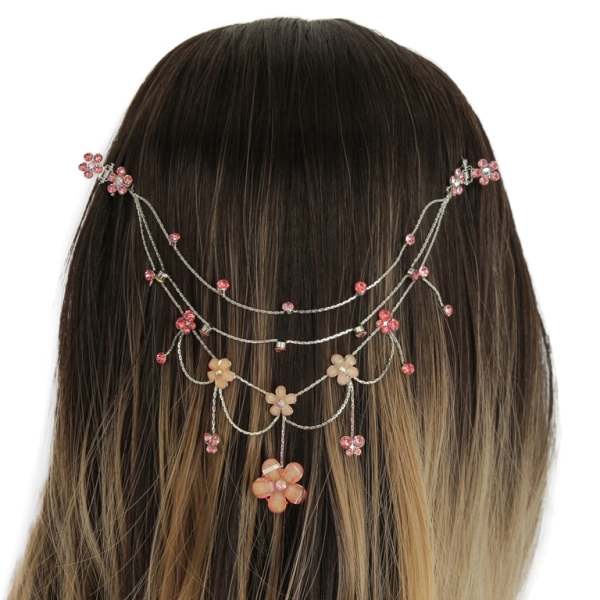 JEWELRY - HEADPIECE WITH CLAW HAIR CLIP UK002 - SILVER WITH PINK (DARK)-PEACH - PACKAGE 3pcs.