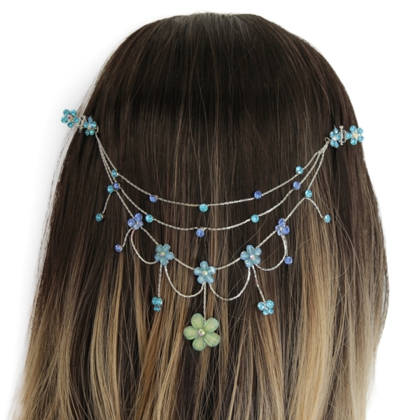 JEWELRY - HEADPIECE WITH CLAW HAIR CLIP UK002 - SILVER WITH TURQUOISE-BLUE - PACKAGE 3pcs.