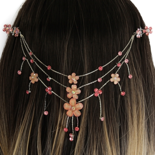 JEWELRY - HEADPIECE WITH CLAW HAIR CLIP UK003 - SILVER WITH PINK (DARK)-PEACH - 1pc.