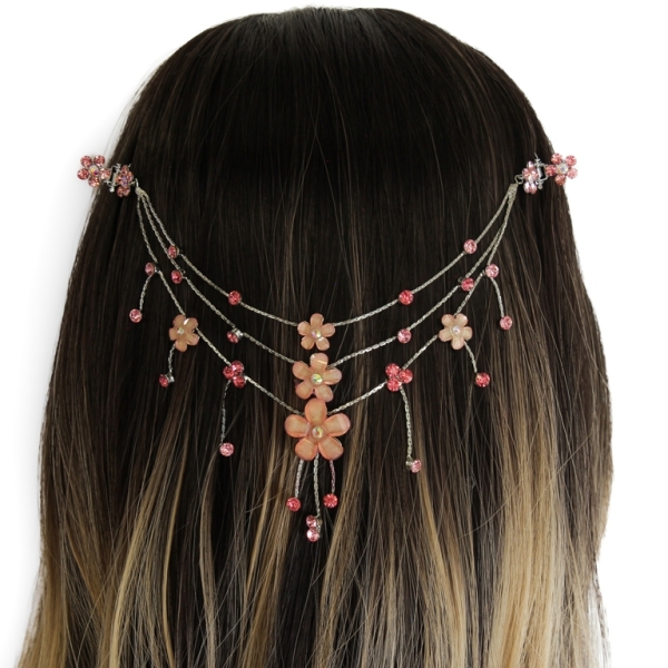 JEWELRY - HEADPIECE WITH CLAW HAIR CLIP UK003 - SILVER WITH PINK (DARK)-PEACH - PACKAGE 3pcs.