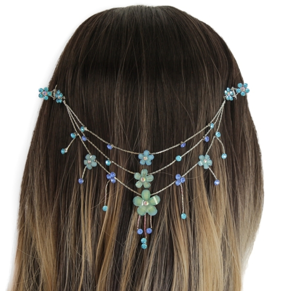 JEWELRY - HEADPIECE WITH CLAW HAIR CLIP UK003 - SILVER WITH TURQUOISE-BLUE - PACKAGE 3pcs.