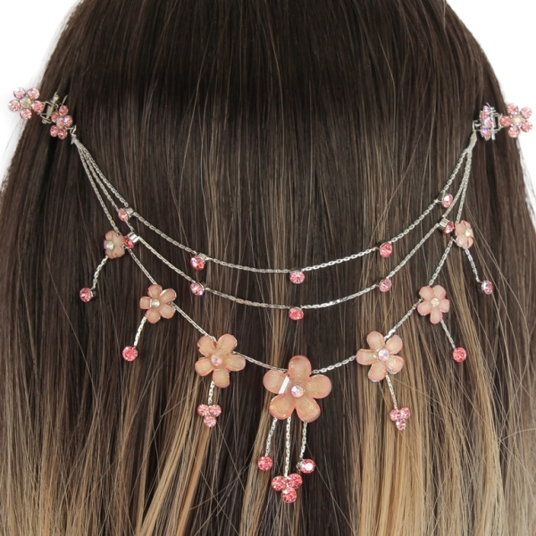 JEWELRY - HEADPIECE WITH CLAW HAIR CLIP UK004 - SILVER WITH PINK (DARK)-PEACH - 1pc.