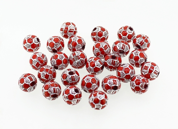 OPAQUE SILVER WASHED PLASTIC BEADS - FOOTBALL - 10mm RED - PACKAGE 500g Hole-2.5mm (980pcs.)