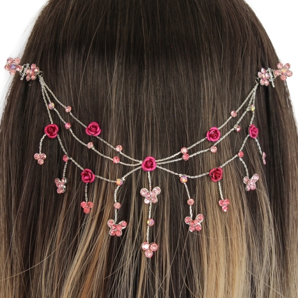 JEWELRY - HEADPIECE WITH CLAW HAIR CLIP UK007 - SILVER WITH PINK-CYCLAMEN (DARK) - 1pc.