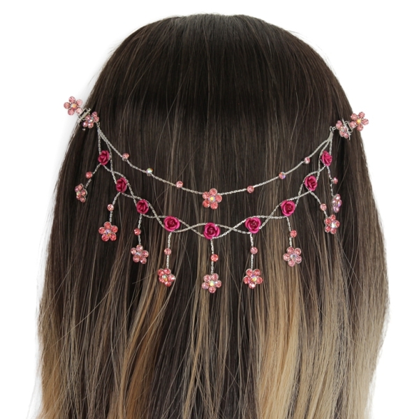 JEWELRY - HEADPIECE WITH CLAW HAIR CLIP UK008 - SILVER WITH PINK-CYCLAMEN (DARK) - PACKAGE 3pcs.