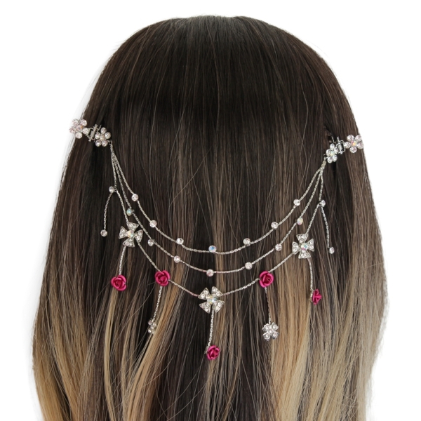 JEWELRY - HEADPIECE WITH CLAW HAIR CLIP UK009 - SILVER WITH WHITE-CYCLAMEN (DARK) - PACKAGE 3pcs.