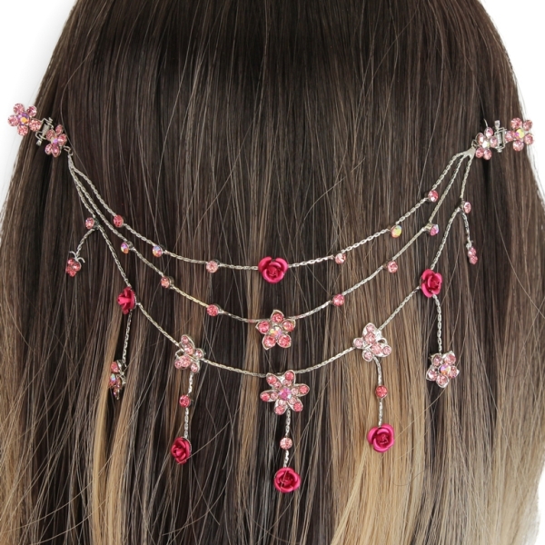 JEWELRY - HEADPIECE WITH CLAW HAIR CLIP UK010 - SILVER WITH PINK-CYCLAMEN (DARK) - 1pc.