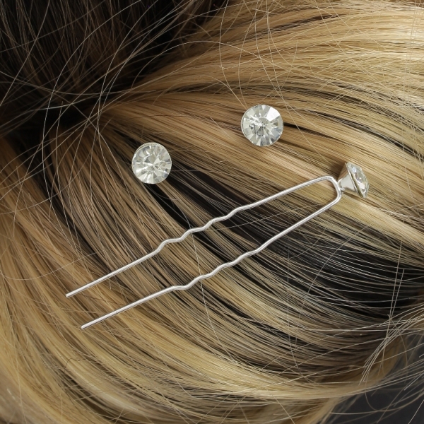 JEWELRY - U-SHAPED HAIR PINS - CRYSTAL FR006 - 0.8cm SILVER AND WHITE - PACKAGE 20pcs.