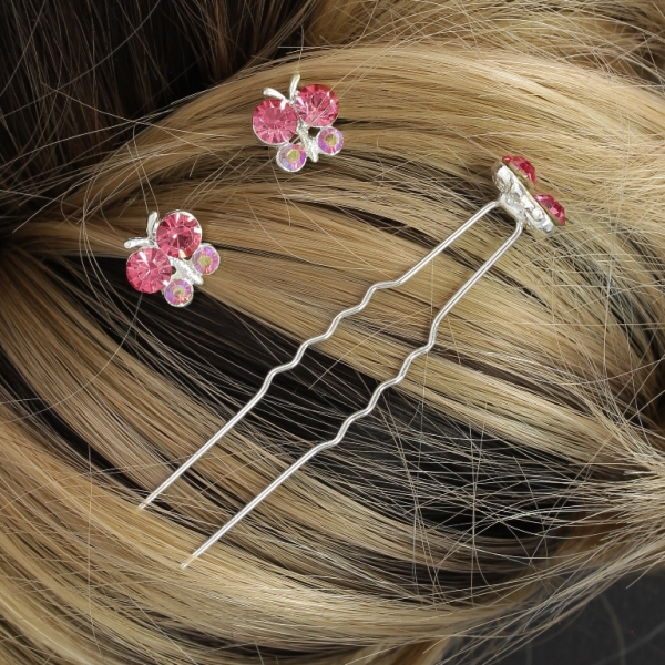 JEWELRY - U-SHAPED HAIR PINS - BUTTERFLY FR004 - 1.3х1.2cm SILVER AND PINK (DARK) (АВ) - PACKAGE 20pcs.