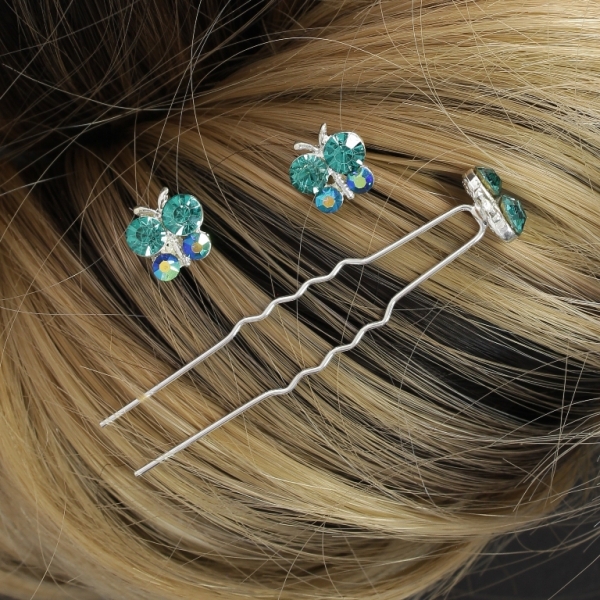 JEWELRY - U-SHAPED HAIR PINS - BUTTERFLY FR004 - 1.3х1.2cm SILVER AND TURQUOISE (АВ) - PACKAGE 20pcs.