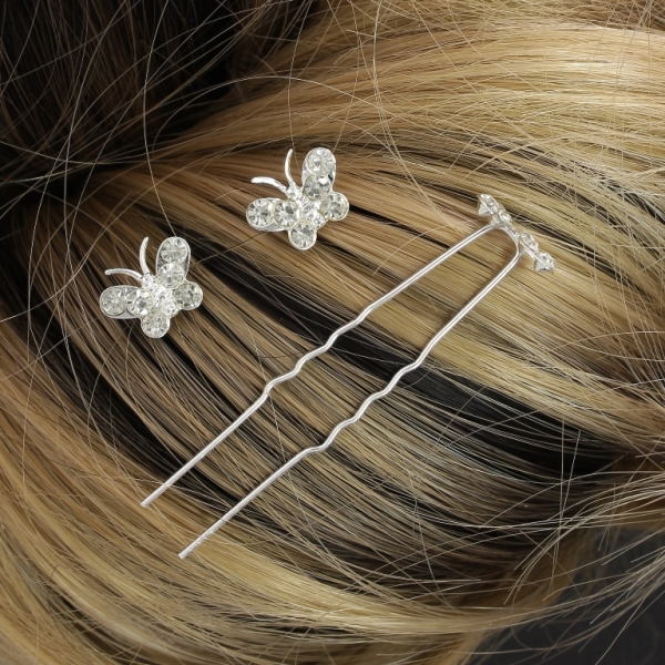 JEWELRY - U-SHAPED HAIR PINS - BUTTERFLY FR005 - 1.4х1.2cm SILVER AND WHITE - PACKAGE 20pcs.