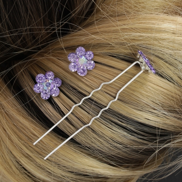 JEWELRY - U-SHAPED HAIR PINS - FLOWER FR001 - 1.3cm SILVER AND PURPLE (АВ) - PACKAGE 20pcs.