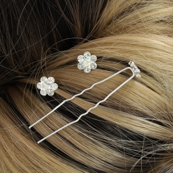 JEWELRY - U-SHAPED HAIR PINS - FLOWER FR001 - 1.0cm SILVER AND WHITE (АВ) - PACKAGE 20pcs.