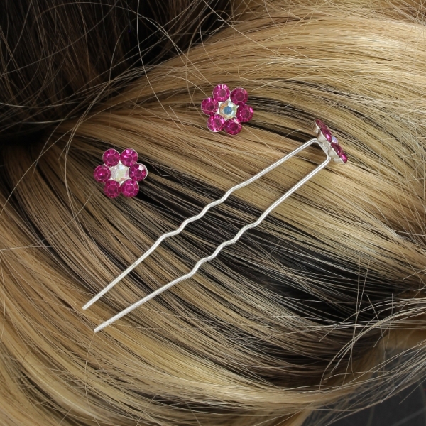 JEWELRY - U-SHAPED HAIR PINS - FLOWER FR001 - 1.0cm SILVER AND CYCLAMEN (DARK) (АВ) - PACKAGE 20pcs.