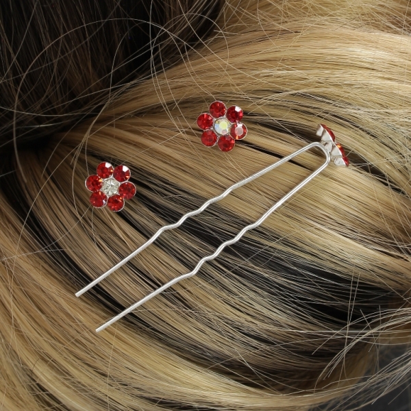 JEWELRY - U-SHAPED HAIR PINS - FLOWER FR001 - 1.0cm SILVER AND RED (АВ) - PACKAGE 20pcs.