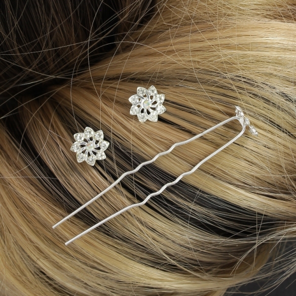 JEWELRY - U-SHAPED HAIR PINS - FLOWER FR003 - 1.1cm SILVER AND WHITE (АВ) - PACKAGE 20pcs.