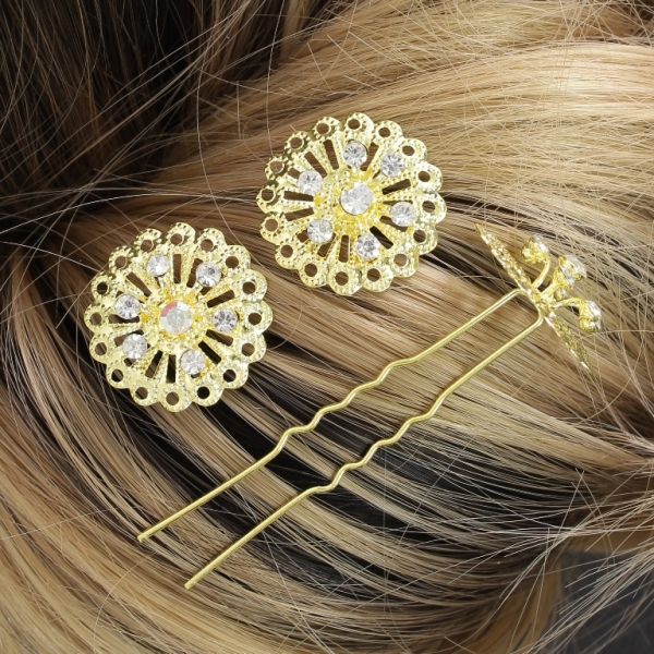 JEWELRY - U-SHAPED HAIR PINS - FLOWER FR018 - 2.5cm GOLD AND WHITE (АВ) - PACKAGE 20pcs.