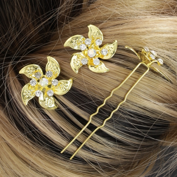 JEWELRY - U-SHAPED HAIR PINS - FLOWER FR019 - 2.6cm GOLD AND WHITE (АВ) - PACKAGE 20pcs.