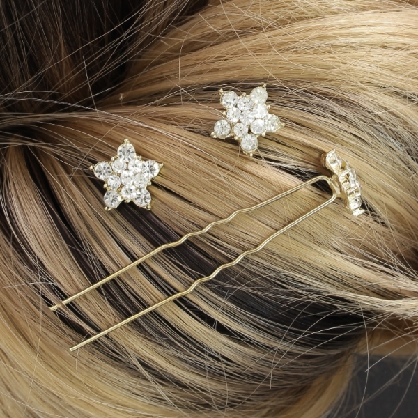 JEWELRY - U-SHAPED HAIR PINS - FLOWER FR023 - 1.5cm GOLD (DARK) AND WHITE - PACKAGE 20pcs.