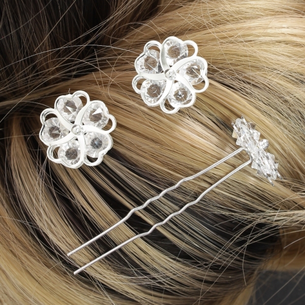 JEWELRY - U-SHAPED HAIR PINS - FLOWER WITH CRYSTALS FR016 - 2.2cm SILVER AND TRANSPARENT - PACKAGE 20pcs.