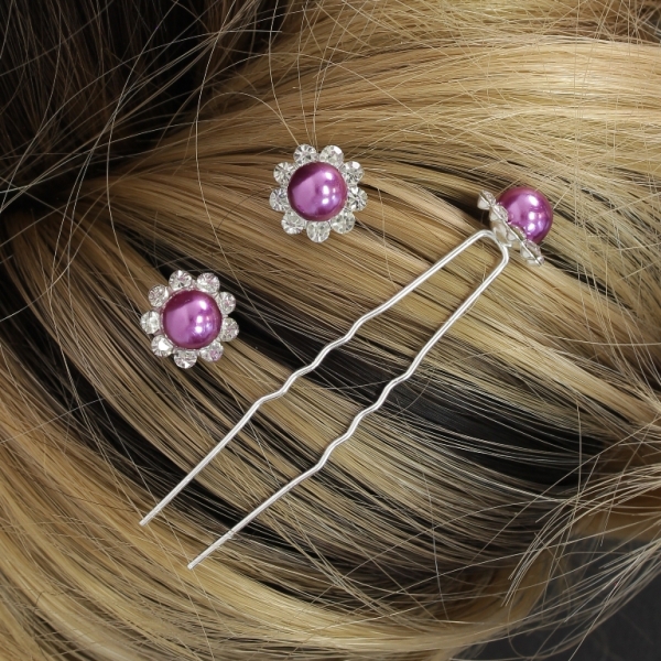 JEWELRY - U-SHAPED HAIR PINS - FLOWER WITH PEARL FR010 - 1.3cm SILVER AND PURPLE (DARK) - PACKAGE 20pcs.