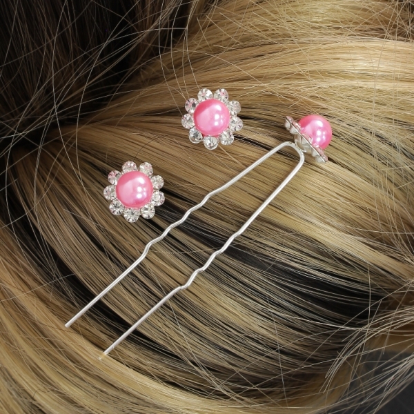 JEWELRY - U-SHAPED HAIR PINS - FLOWER WITH PEARL FR010 - 1.3cm SILVER AND PINK (DARK) - PACKAGE 20pcs.