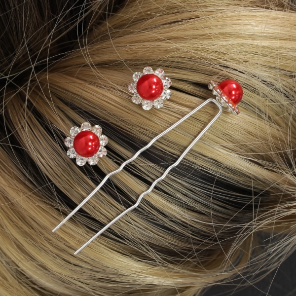 JEWELRY - U-SHAPED HAIR PINS - FLOWER WITH PEARL FR010 - 1.3cm SILVER AND RED - PACKAGE 20pcs.