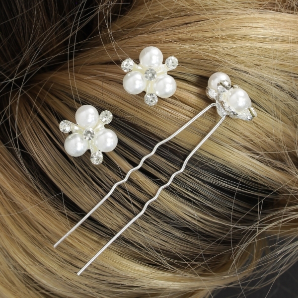 JEWELRY - U-SHAPED HAIR PINS - FLOWER WITH PEARLS FR012 - 1.8cm SILVER AND WHITE - PACKAGE 20pcs.