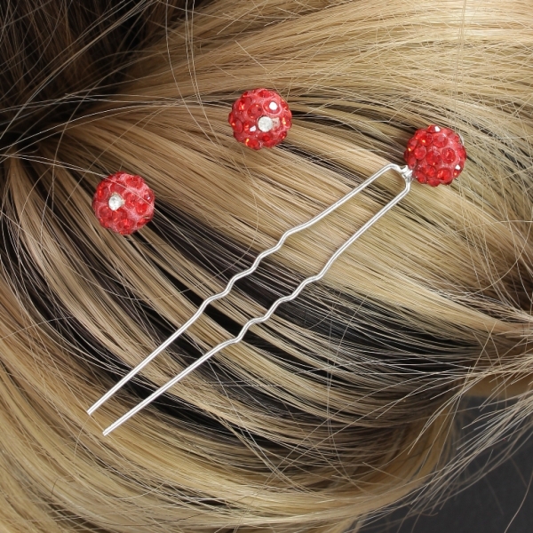 JEWELRY - U-SHAPED HAIR PINS - SHAMBALA FR008 - 1.0cm SILVER AND RED - PACKAGE 20pcs.