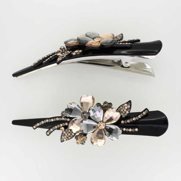 JEWELRY - DOVETAIL HAIR CLIP 03 - CLAW HAIR CLIP WITH CRYSTALS SH047 - 13x4x3cm BLACK-GRAY-BEIGE - PACKAGE 2pcs.