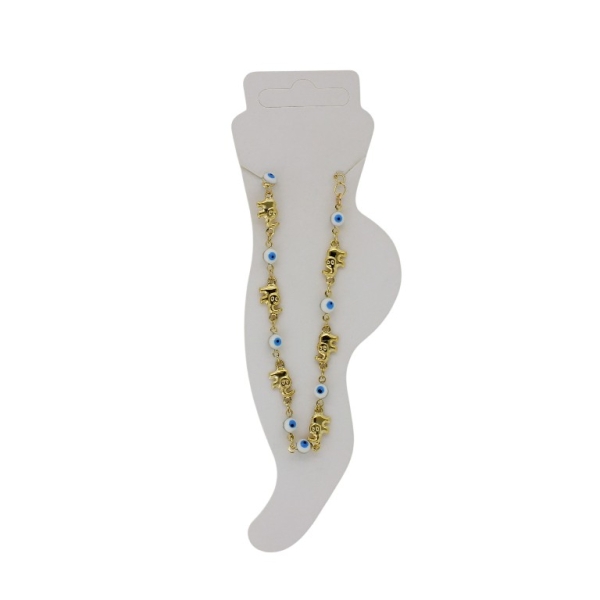 JEWELRY - ANKLET - BRASS AND ENAMEL - CHAIN - 19cm EYE AND ELEPHANT GK045 - GOLD AND BLUE - 1pc.