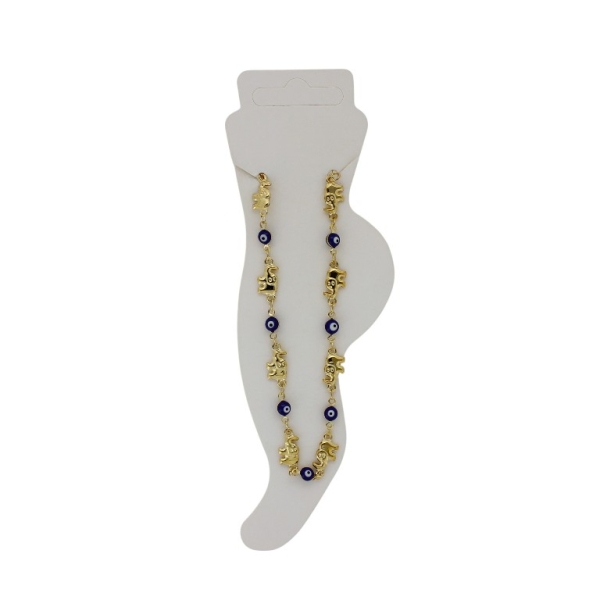 JEWELRY - ANKLET - BRASS AND ENAMEL - CHAIN - 19cm EYE AND ELEPHANT GK045 - GOLD AND BLUE (DARK) - PACKAGE 2pcs.