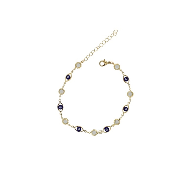 JEWELRY - ANKLET - BRASS AND ENAMEL - CHAIN - 20cm EYE AND CRYSTAL GK047 - GOLD AND BLUE (DARK) - 1pc.