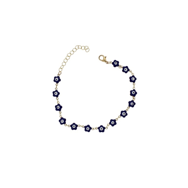 JEWELRY - ANKLET - BRASS AND ENAMEL - CHAIN - 20cm EYE FLOWER GK046 - GOLD-BLUE (DARK)-WHITE - 1pc.