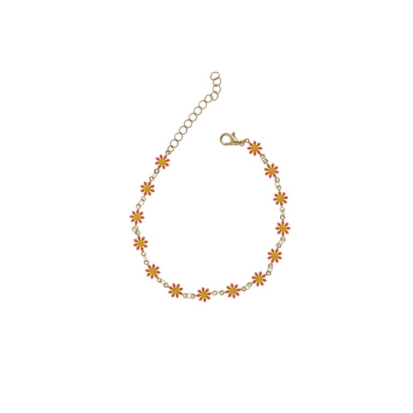 JEWELRY - ANKLET - BRASS AND ENAMEL - CHAIN - 20.5cm FLOWER GK048 - GOLD AND ORANGE - 1pc.