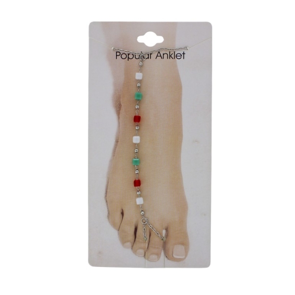 JEWELRY - ANKLET - METAL AND CRYSTALS - CHAIN - 20.5cm CUBE GK084 NICKEL-WHITE-GREEN-RED - 1pc.