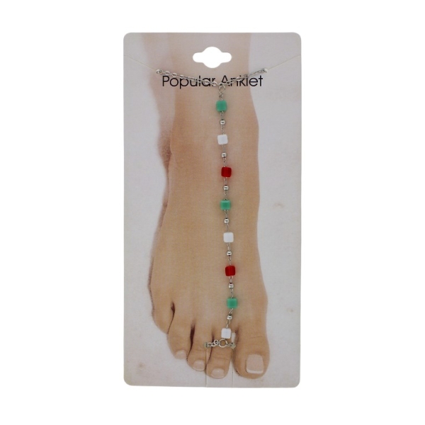 JEWELRY - ANKLET - METAL AND CRYSTALS - CHAIN - 20.5cm CUBE GK084 NICKEL-GREEN-WHITE-RED-WHITE - 1pc.