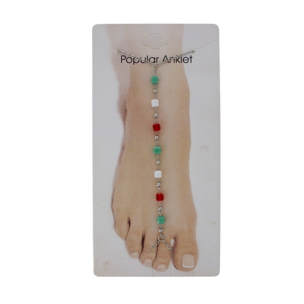 JEWELRY - ANKLET - METAL AND CRYSTALS - CHAIN - 20.5cm CUBE GK084 NICKEL-GREEN-WHITE-RED-GREEN - 1pc.