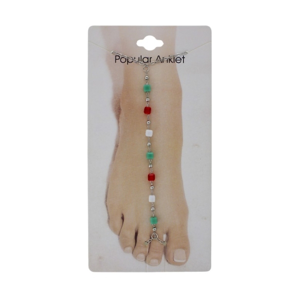 JEWELRY - ANKLET - METAL AND CRYSTALS - CHAIN - 20.5cm CUBE GK084 NICKEL-GREEN-RED-WHITE - 1pc.