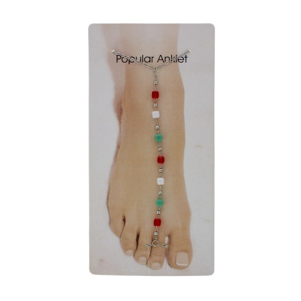 JEWELRY - ANKLET - METAL AND CRYSTALS - CHAIN - 20.5cm CUBE GK084 NICKEL-RED-WHITE-GREEN - PACKAGE 3pcs.