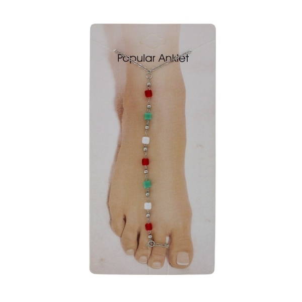 JEWELRY - ANKLET - METAL AND CRYSTALS - CHAIN - 20.5cm CUBE GK084 NICKEL-RED-GREEN-WHITE - 1pc.